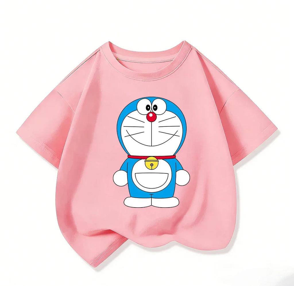 Cute Boys Girls Short Sleeve T Shirt Doraemon Cartoon Pattern Crew Neck Comfort Summer Casual Daily Wear 3 To 14Y