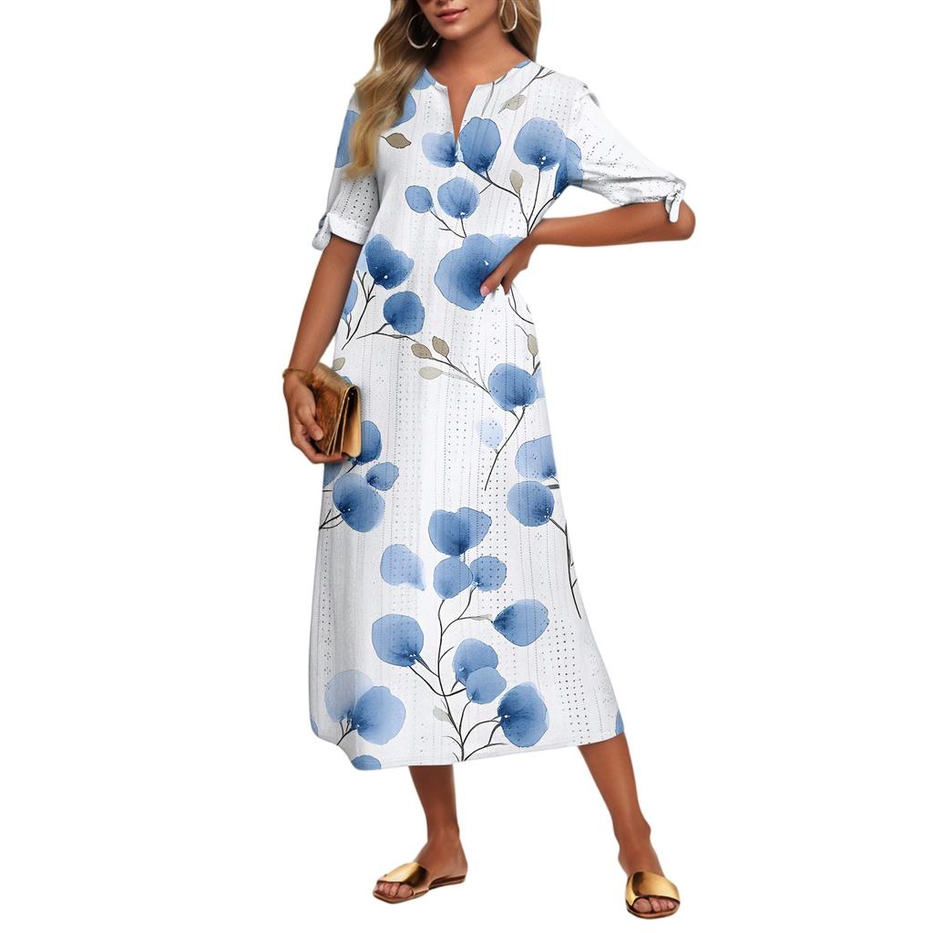 Ladies Casual Fashion Temperament Elegant Waist Patchwork Floral Print Long Dress