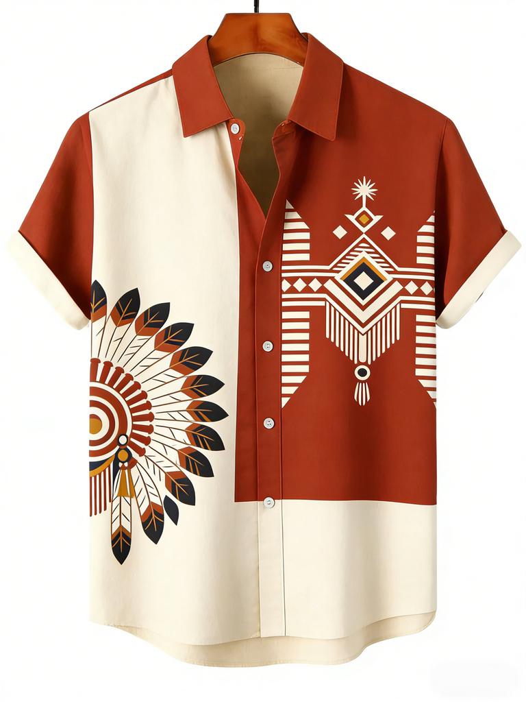 2026 Men's Summer Retro Linen Short Sleeve Lapel Shirt Indian Pattern 3D Print Hawaiian Outdoor Casual Clothes Men's Tops