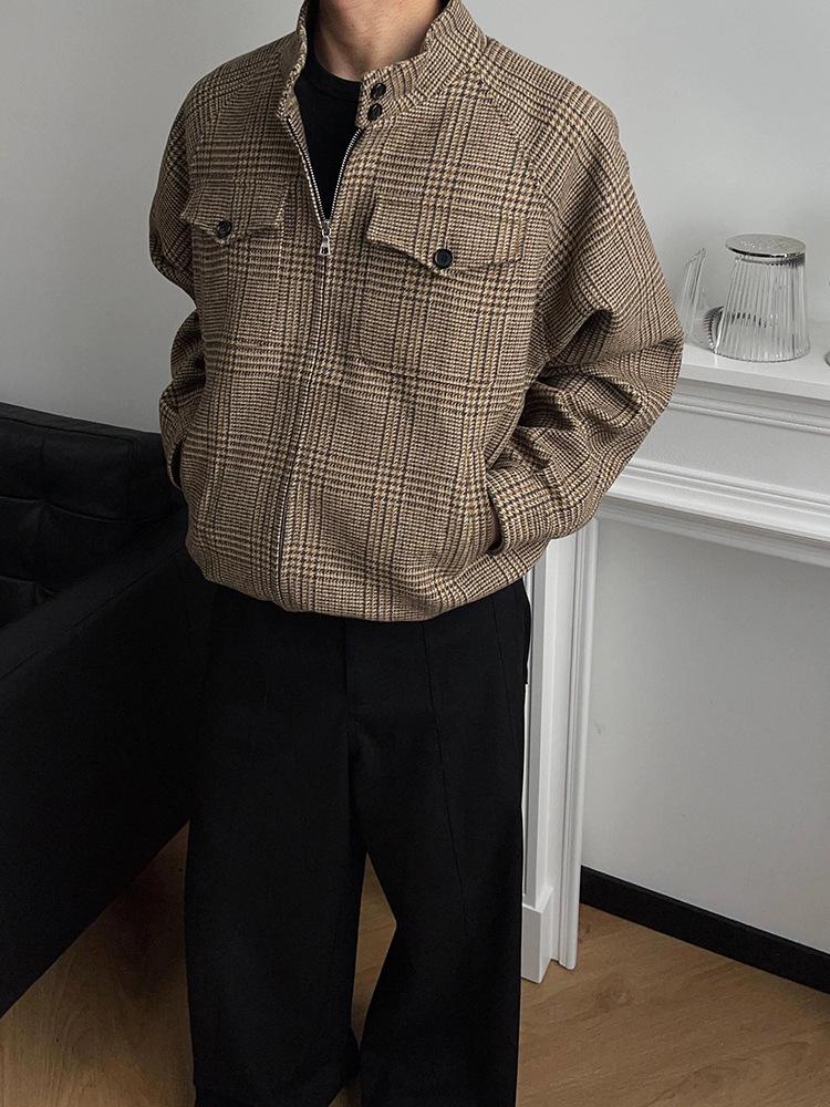 

Премиальная Harrington куртка в клетку Prince of Wales - 50% шерсть, приталенный крой, короткое и широкое пальто XL коричневый