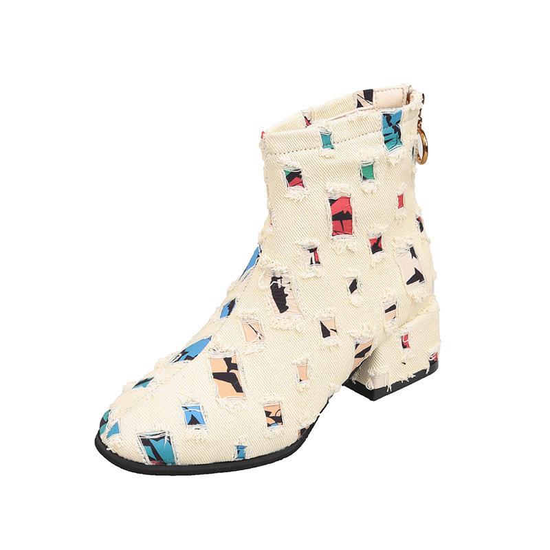 Spring and Autumn New Round Head Short Boots Thick Heel Denim Boots Martin Boots