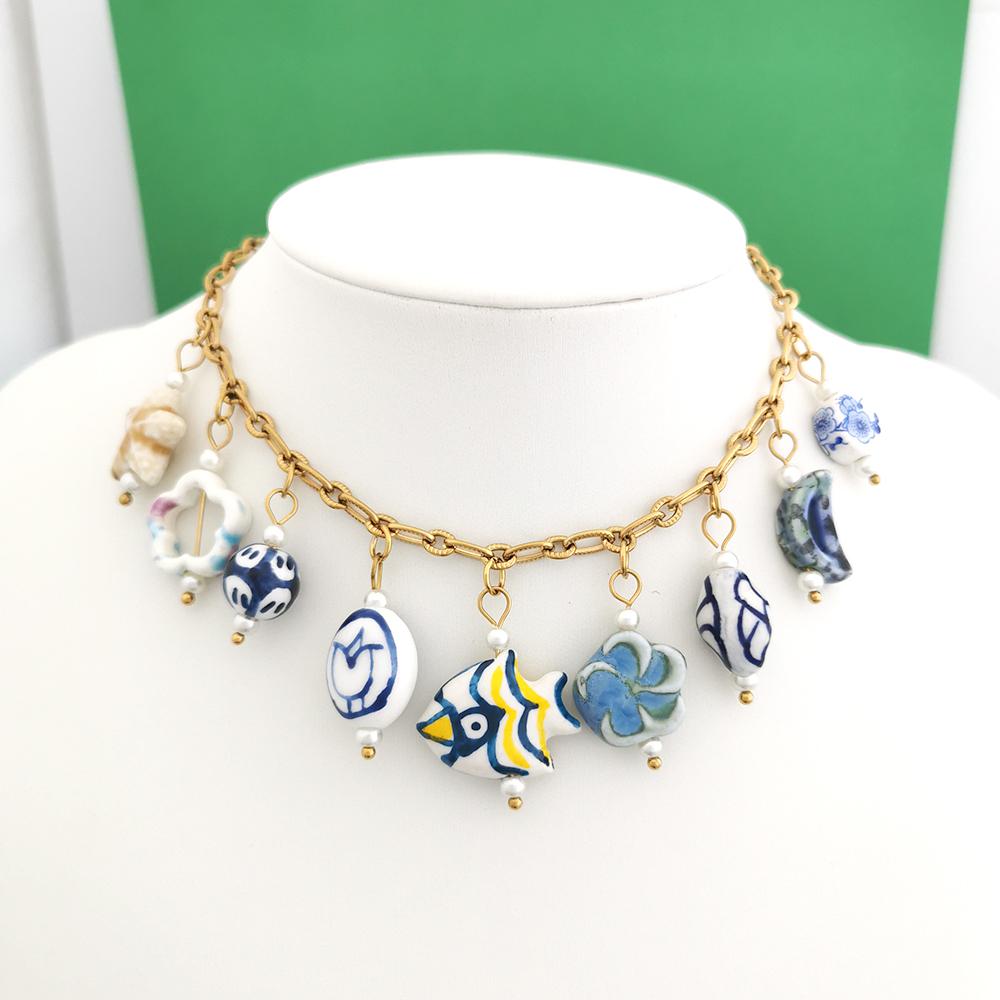 1pc Ceramics Pendant Charm Fish Heart Flower Conch Star Fruits Necklace Stainless Steel Geometric Imitation Pearl