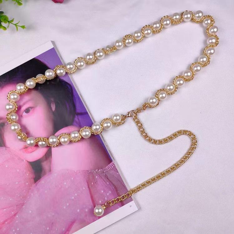 Pearl Belt for Women Korean Skirt with Versatile Retro Sweet Decorative Sweater Shirt Accessories Metal Thin Waist Chain