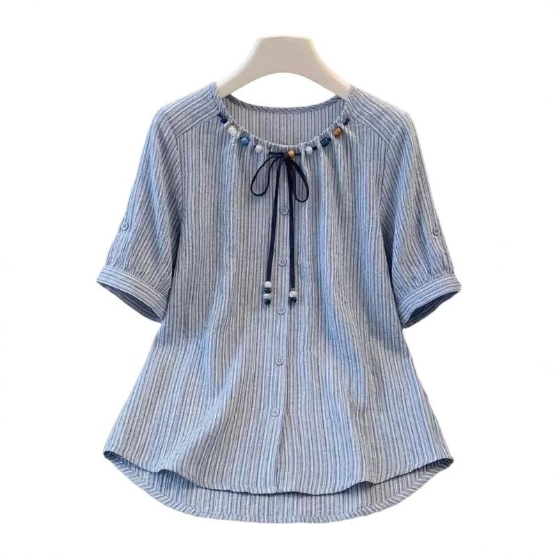 Striped front shoulder short-sleeved shirt women's summer new large size slightly fat mm beaded doll shirt top A