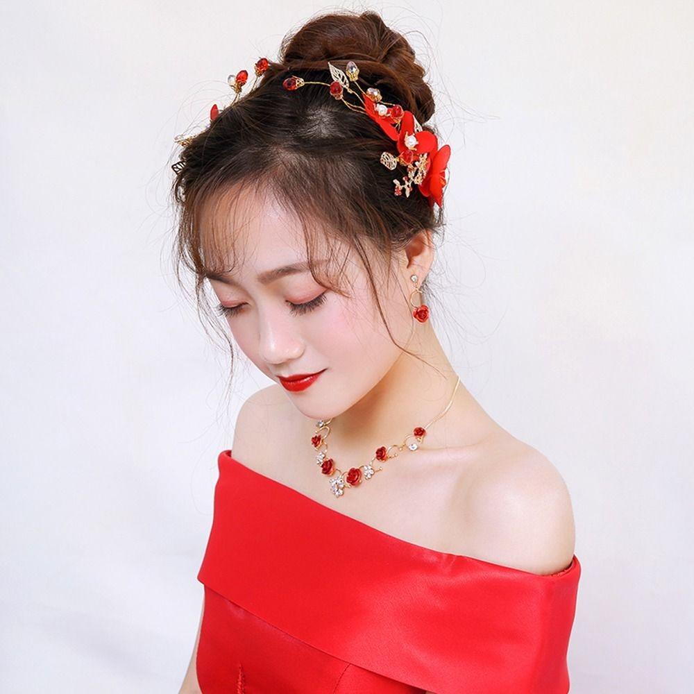 Hair Ornaments Red Flower Women Barrettes Duckbill Clips Festival Hairpins Chinese Hanfu Hair Clips