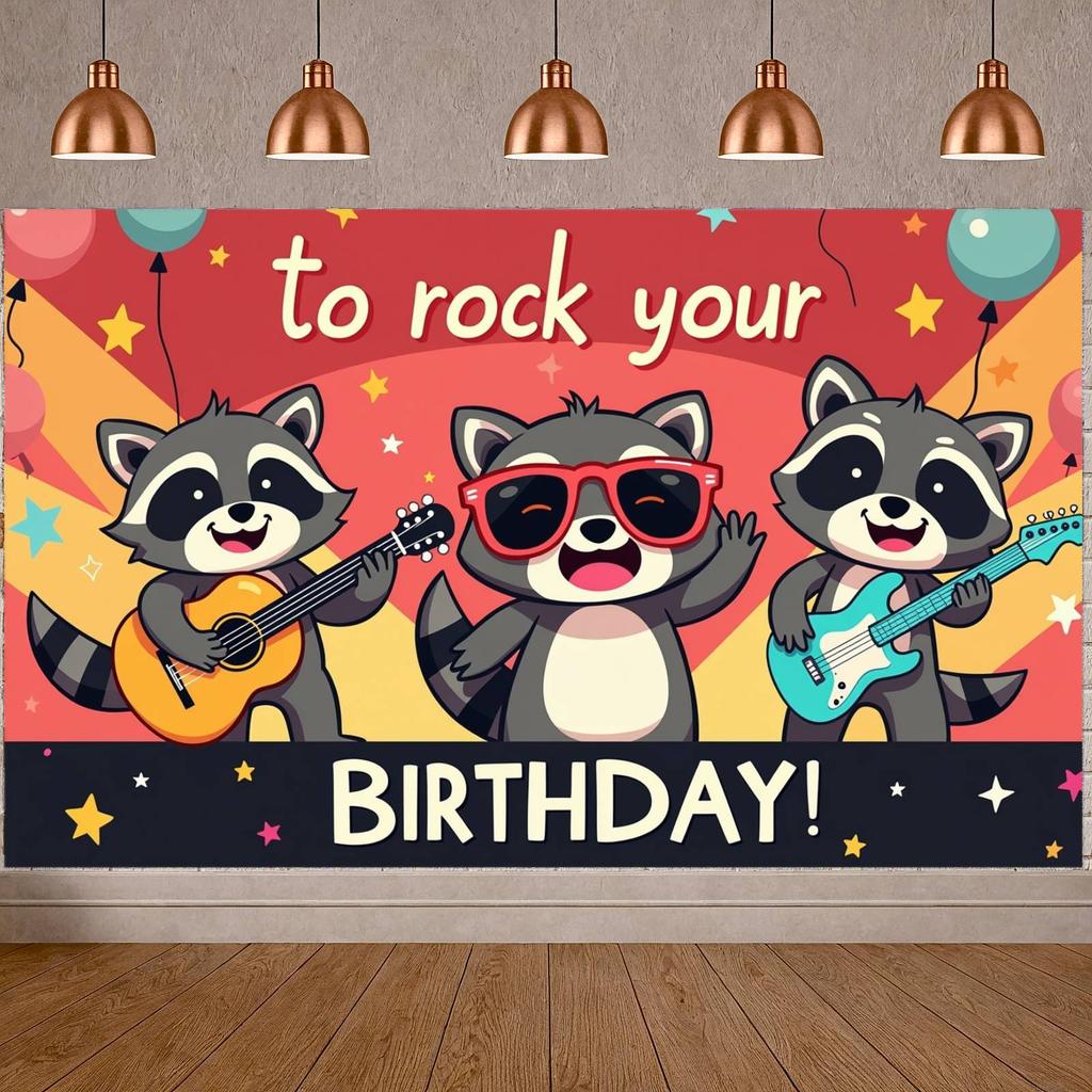 Rock N Roll Banner Lively Theme Animal Birthday Decor Raccoon Birthday Banner Star Decoration Music Event Banner For Kids