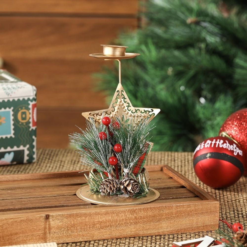 Vintage Golden Christmas Candle Holder Snowflake Xmas Tree Iron Candlestick Simulated Pine Needles Desktop Ornament Festive