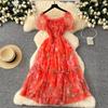 Theepauze Retro Franse Zachte Stijl Bloemen Chiffon Jurk voor Dames met Een Ingesnoerde Taille en Een Pofmouw met Eén Schouder Mesh Rok