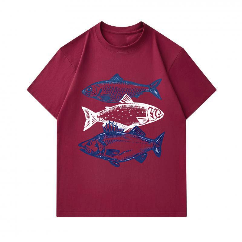 Men's 100% Cotton Crew Neck Short Sleeve T-Shirt, Vintage Three Fish Graphic Print Casual Lightweight Summer Tee for Daily Wear
