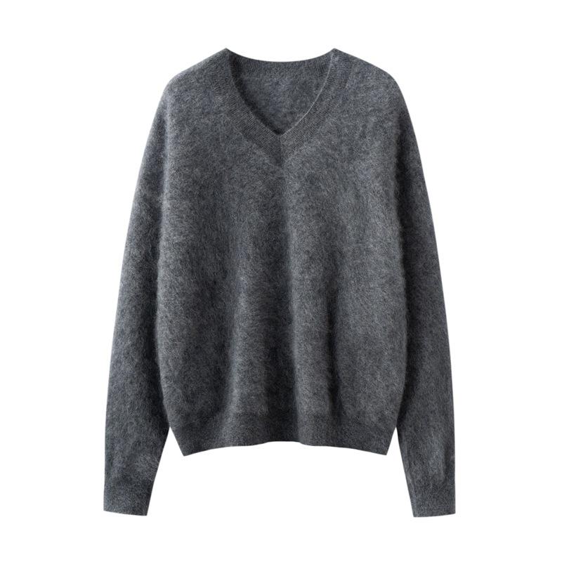 Versatile Cashmere Silk V-Neck Brushed Solid Color Loose Knit Pullover Sweater
