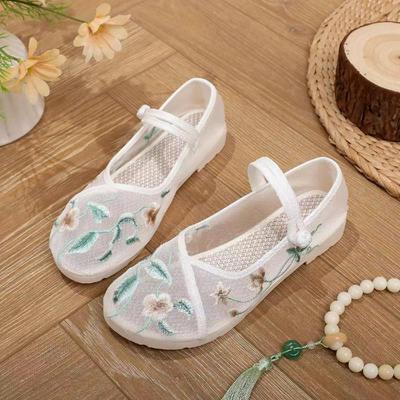 Woman's Summer New Mesh Flat Sole Embroidered Shoes Soft Sole Breathable Lightweight Mary Jane Shoes Round Toe Hanfu Shoe Sandal