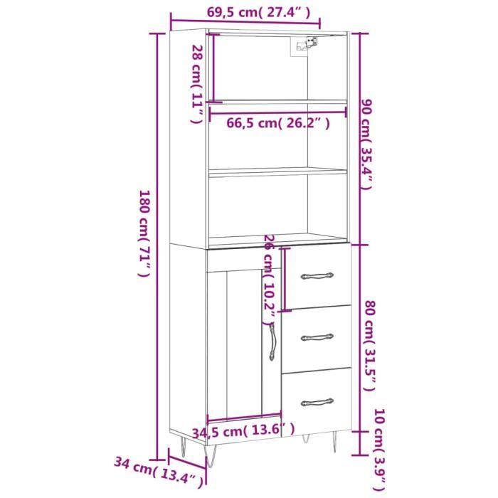 VidaXL Buffet haut Noir 69,5x34x180 cm Bois d'ingénierie 3190014