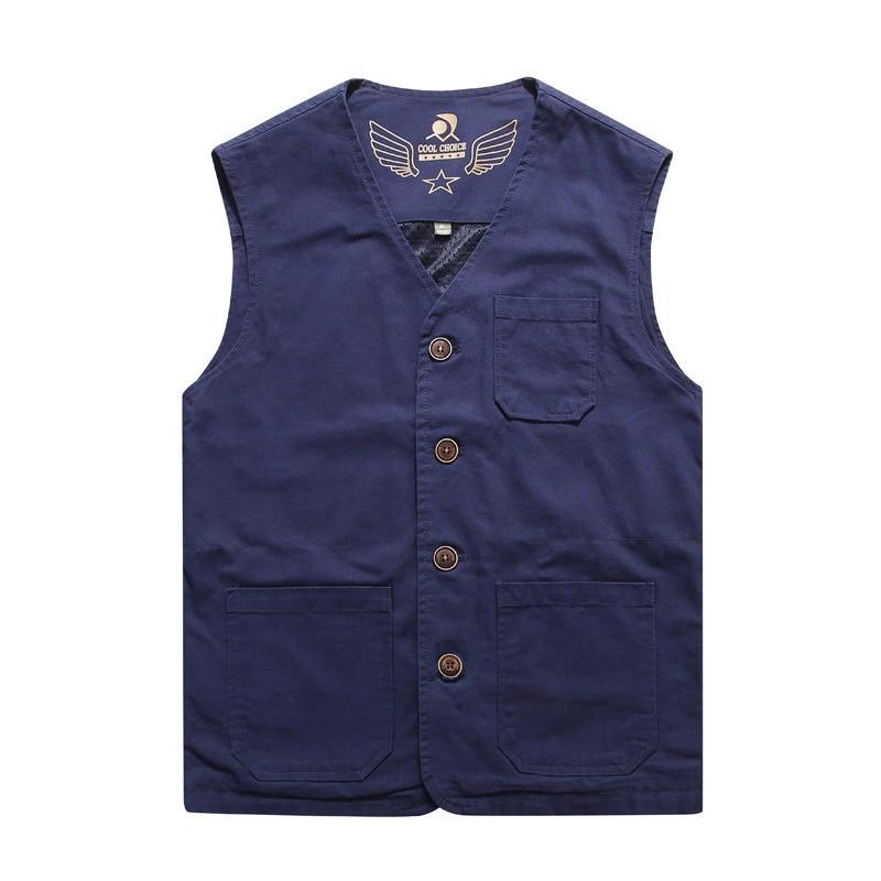 Men's Spring Plus Size V-neck Casual Vest Middle-aged and Elderly Single-breasted Multi-pocket Straight Hem Tops