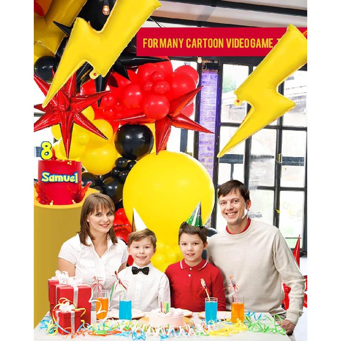 Red black yellow balloon garland kit 124pcs with large lightining Starburst mylar balloons for Carnival Cartoon theme Race Car Party Theme birthday