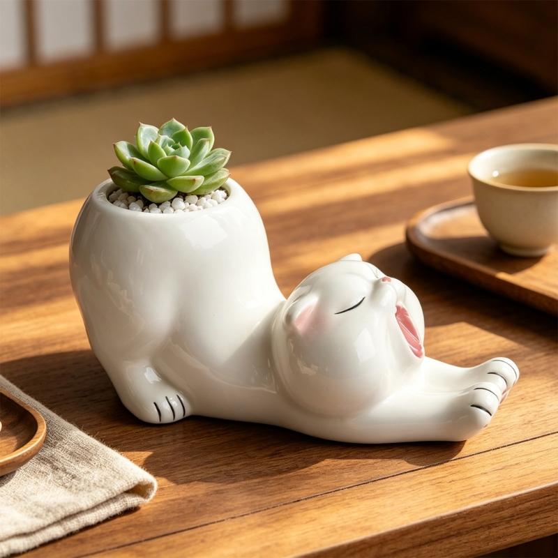 Animal Figure Ceramic Planter Flower Pot, Tabletop Plant Holder for Desk Display, Shelf Placement, Windowsill and Indoor Home Use
