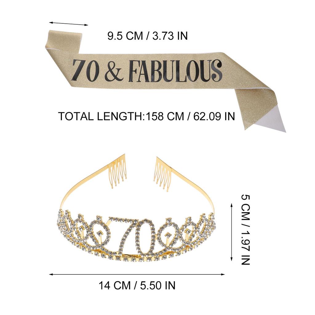 1Set Birthday Crown Tiara Sash Set Glitter Rhinestone Decoration for 70th Birthday Party Women Glamorous