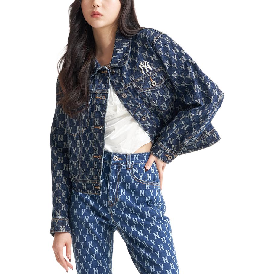 New MLB Old Flower Denim Jackets Women's Blue 3FDKM0321-50BLS