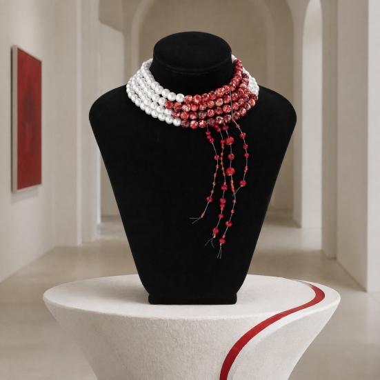 Rock Concert Outfit Accessories Gothic Blood Drop Choker, Layered Faux Pearl Necklace, Red Tassel Vintage Style Beaded Choker Earrrings, Punk Vampire