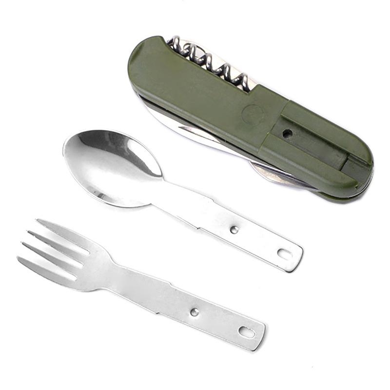 7 In 1 Multifunctional Outdoor Tableware Survival Tools Stainless Steel Foldable Fork Spoon Knife Picnic Camping Dinnerware