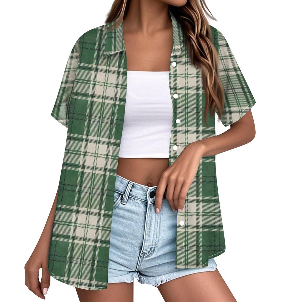 Women Casual Loose Fit Short Sleeve Button Down Collar Shirt Plaid Pattern Lightweight Summer Top