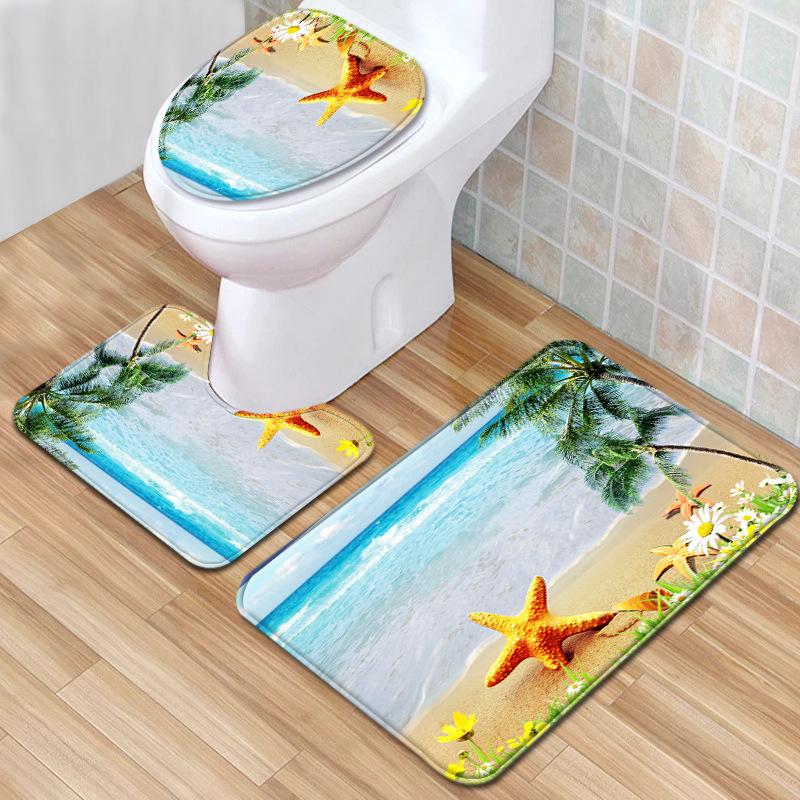 Beach Ocean Bathroom Shower Curtain Bath Towel Floor Mat Five-Piece Set Toilet Toilet Carpet Shower Foot Mat