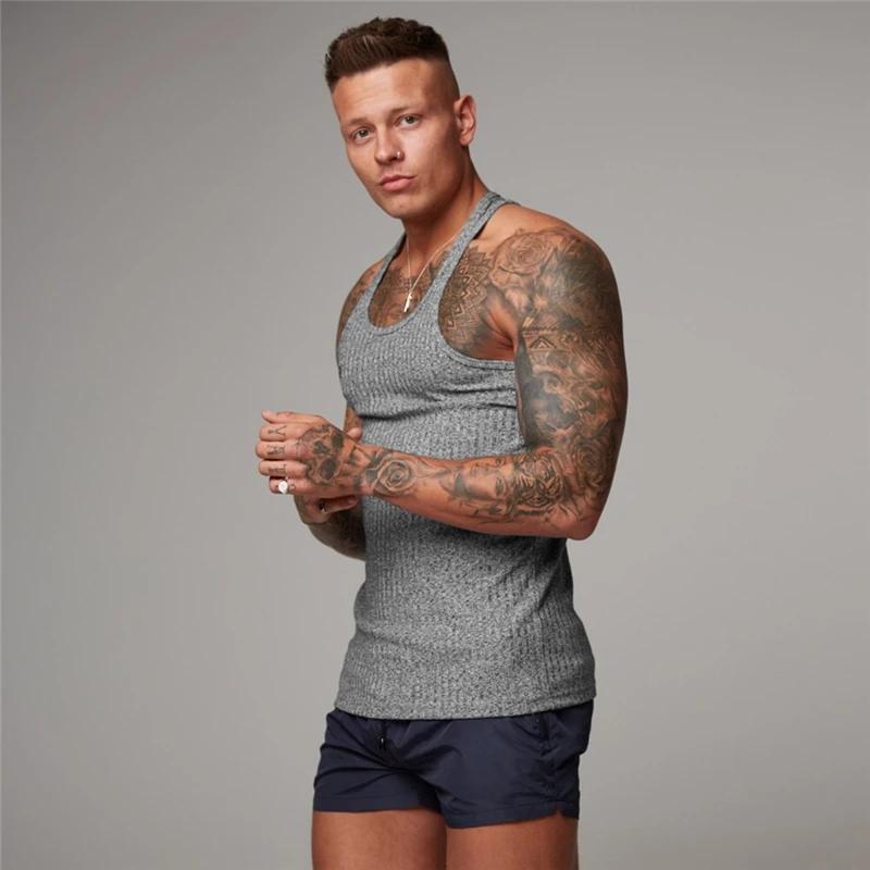 Muscleguys Einfache Laufwesten Sommer Schnelltrocknend Gestrickte Tanktops Fitnessstudio Fitness Ärmellos Streifen Enganliegende Hemden Herren Bodybuilding Kleidung