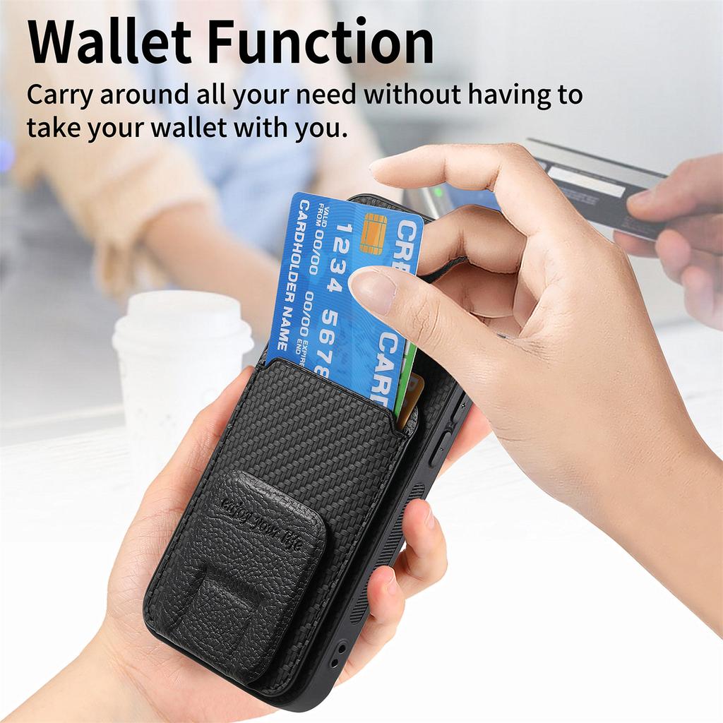 C1-11 for iPhone 16 Pro Max Case Card Holder Carbon Fiber Texture Leather Coated TPU Phone Cover