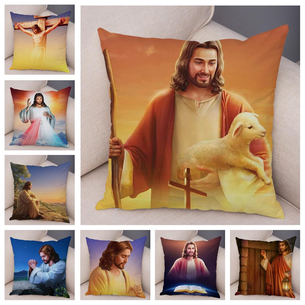 Vintage Jesus Christ Cushion Cover for Sofa Home Decor Colorful Cartoon Christ Savior Pillow Case Soft Plush Pillowcase xcm