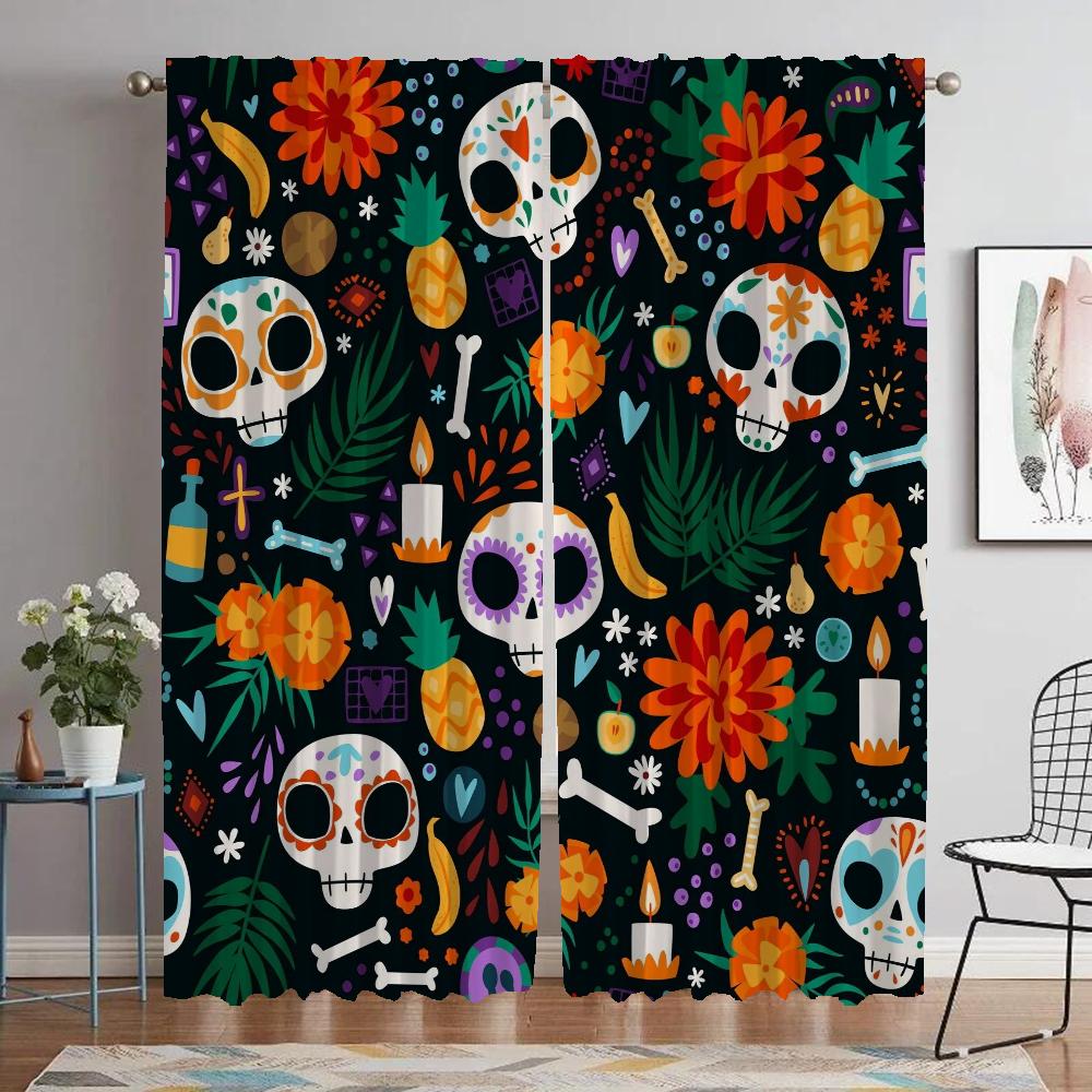 Mexico Flower Skull Anti-mosquito Curtains for Living Room Blackout Curtain for Room 2 Panel Halloween Decoration Partition Home