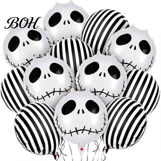 Table Decoration Supplies 12PCS Halloween Skull Balloon Set, Aluminum Foil Balloons, Black And White Reusable Mylar Balloons Striped Realistic
