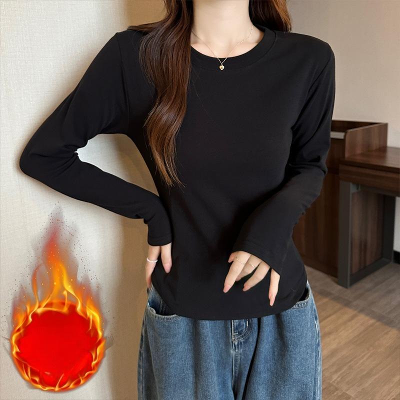 Women's Fleece Lined Base Layer Top for Autumn and Winter Long Sleeve T-Shirt Crew Neck Solid Color Elegant Versatile Slim Fit Warm Inner Wear