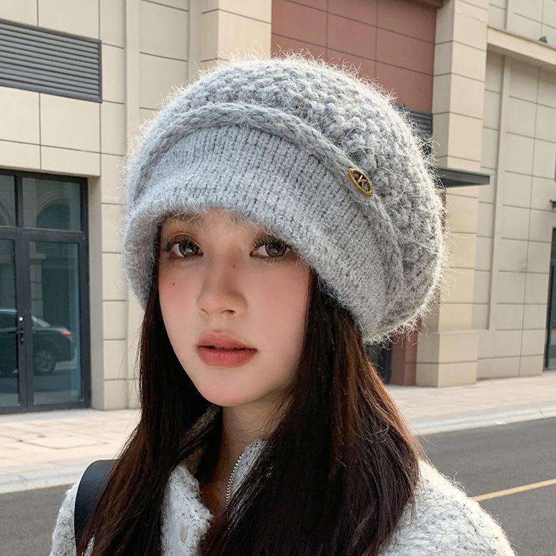 Französische Strickmütze Damen Herbst und Winter Doppelwollmütze Warmer Ohrenschutz