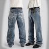 Unisex Relaxed Fit Denim Jeans With Vintage Print Streetwear Style Straight Leg Pants Teens Adults