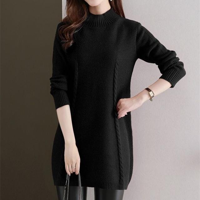 Half Turtleneck Knitted Sweater Women's Casual Long-sleeved Mid-length Sweater Solid Color Autumn and Winter Pullover
