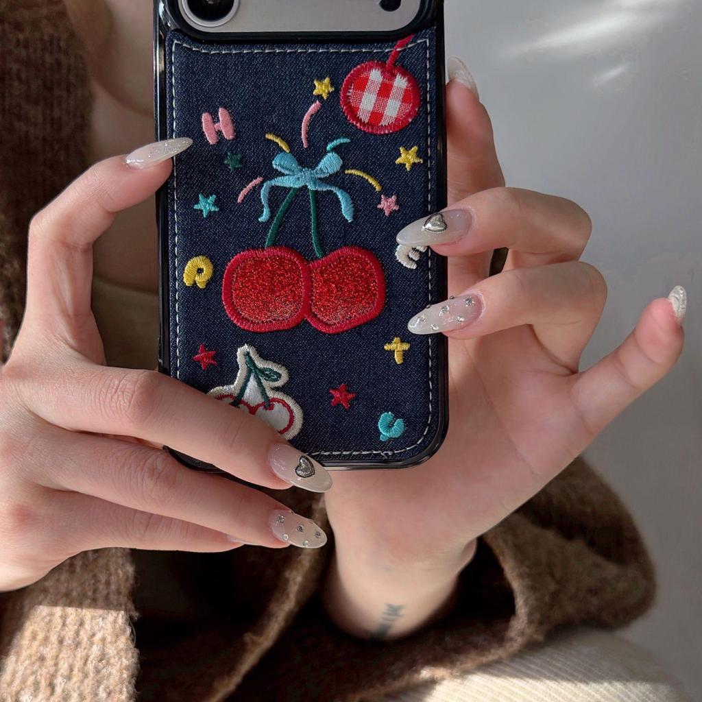 Fireworks Cherry Embroidered Denim Phone Case for iPhone 14/15/16/17 Pro Max