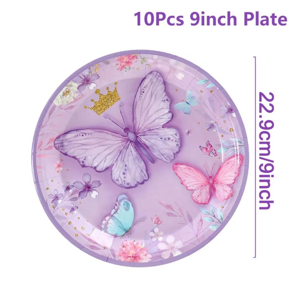 Purple Butterfly Party Supplies Disposable Tableware Set Paper Plates Cups Napkins Banner Girl Happy Birthday Baby Shower Decor