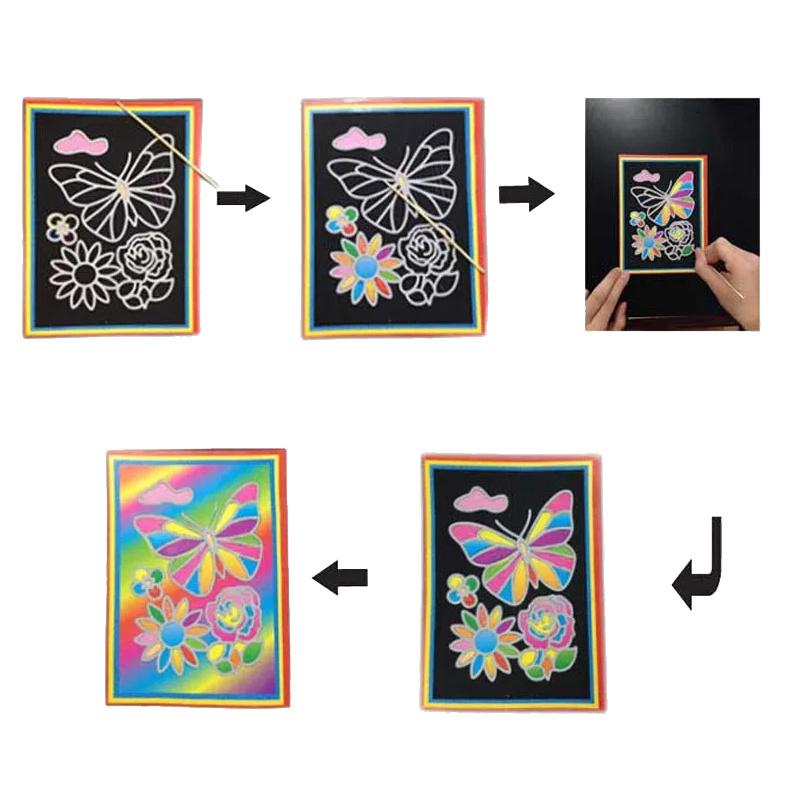 5/10/15/20pcs Scratch Painting Notebook Art Classroom Supplies Office Cultural School Rewards Cartoon Pattern Colorful Paper TMZ