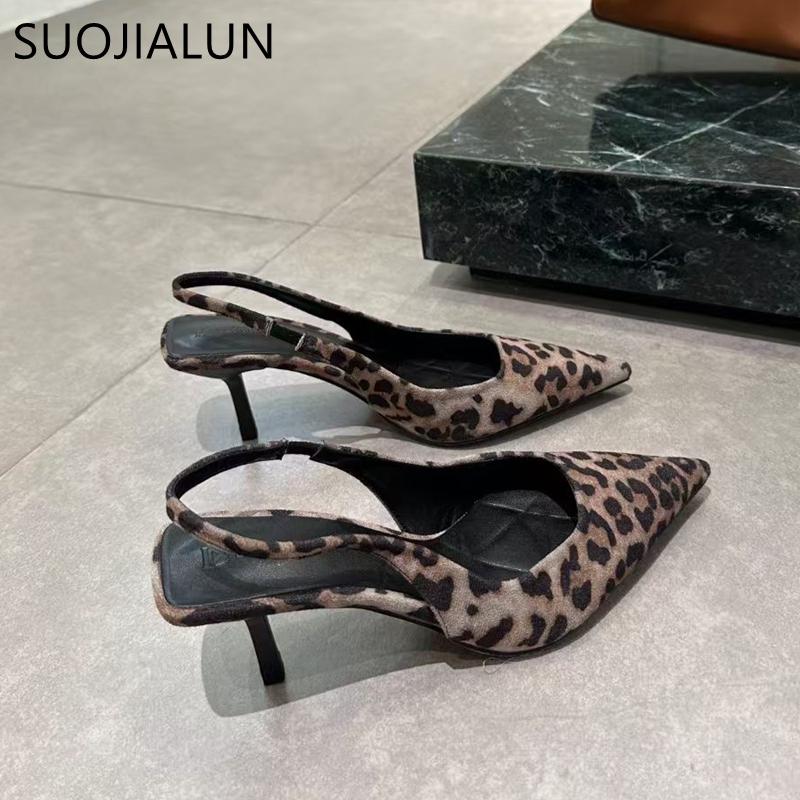Fashion SUOJIALUN 2025 Spring Brand Women Sandal Fashion Leopard Print Ladies Elegant Slingback Shoes Pointed Toe Thin High Heel Pumps