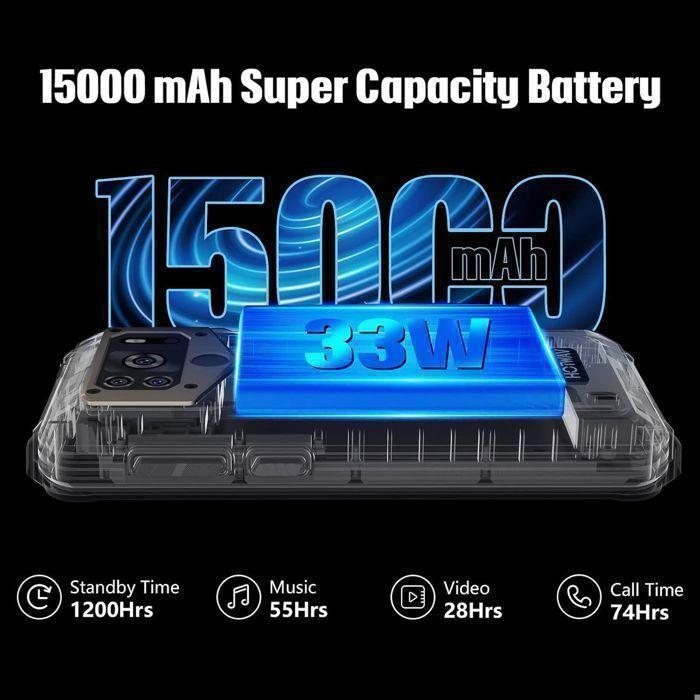 HOTWAV W10 PRO Smartphone Robuste 6Go+64Go Écran 6.53'' HD+ Téléphone Portable Incassable 15000mAh Caméra Triple IP68/IP69K Noir