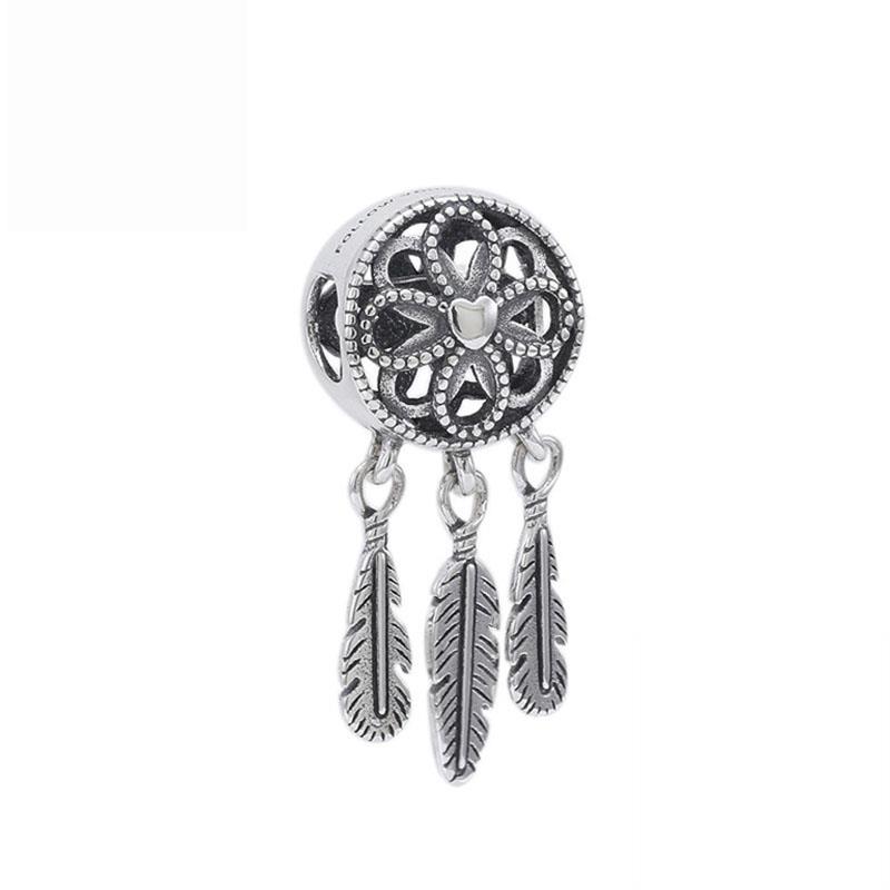 New Openwork Heart &Three Feathers Dreamcatcher Charms Beads Fit Original Fashion Bracelet Diy Women Jewelry