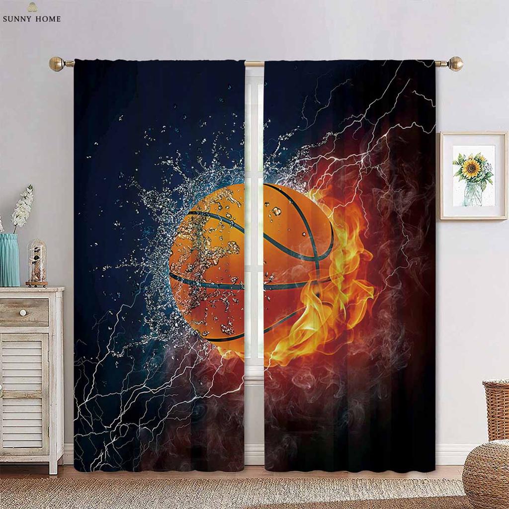 Wasser Feuer Basketball Cool Sport 3D Gedruckter Vorhang Stangentasche Jungen Mädchen Zimmer Wohnzimmer Küche Dekorative Vorhänge 2 Stück