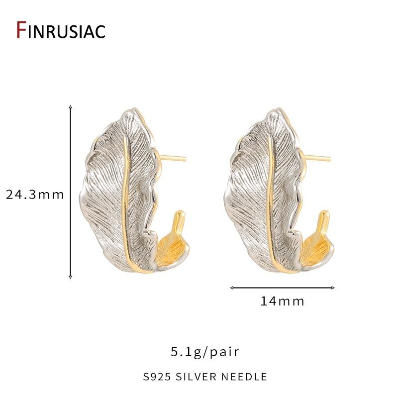 

New Vintage Double Color Feather Stud Earrings For Women Brass C-shaped Large Circle Ear Studs Fashion Jewelry Party Gifts 1 pair