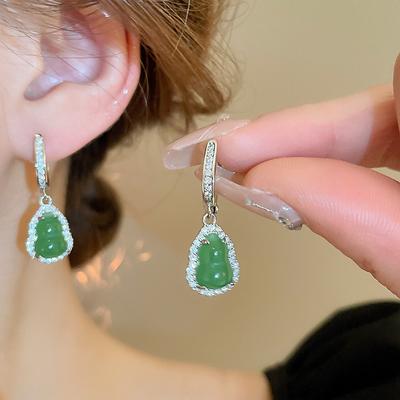 GemChic Women's Earrings Green Gourd Embed Zircon Ear Buckle Retro High-Grade Sense Fashion Earrings Chinese Style Birthday Christmas Jewelry Gift