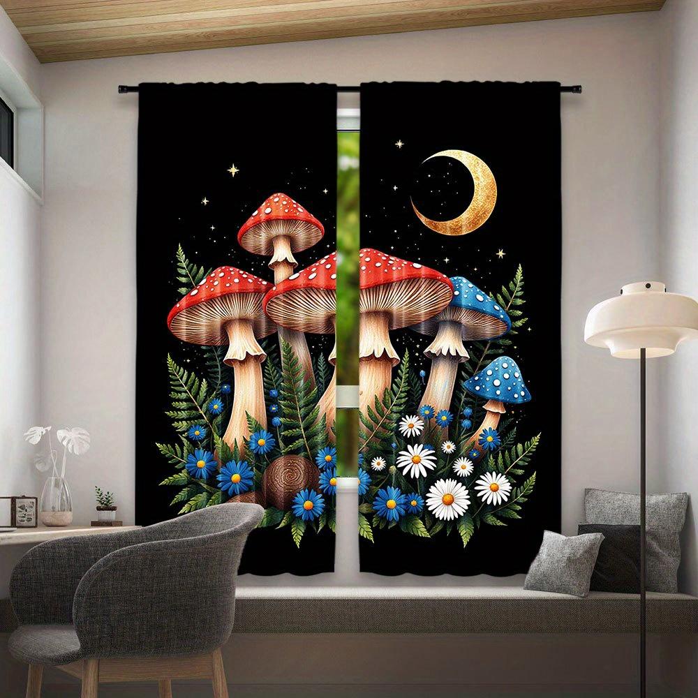 2pcs Black Night Mushroom Pattern Curtains - Polyester   Light Filtering   Rod Pocket Design for Bedroom   Living Room   Office - Wh