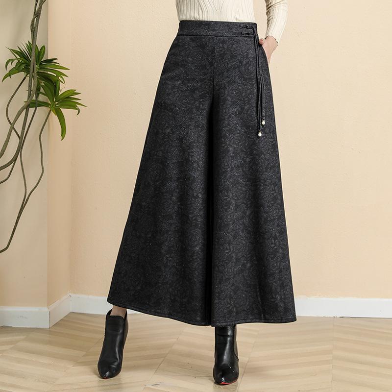 

Женские весенние кюлоты с эластичной талией, высокой посадкой и широкими штанинами для женщин среднего и пожилого возраста 2XL (110-125 jin) чёрный/цветочный