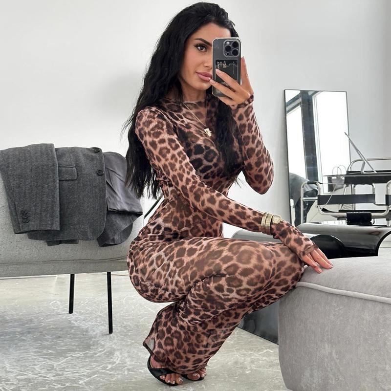 Summer Dress Women Leopard Print Mesh O Neck Long Sleeve Sexy See Through Maxi Fashion Outfits Beach Vacation Nightclub
