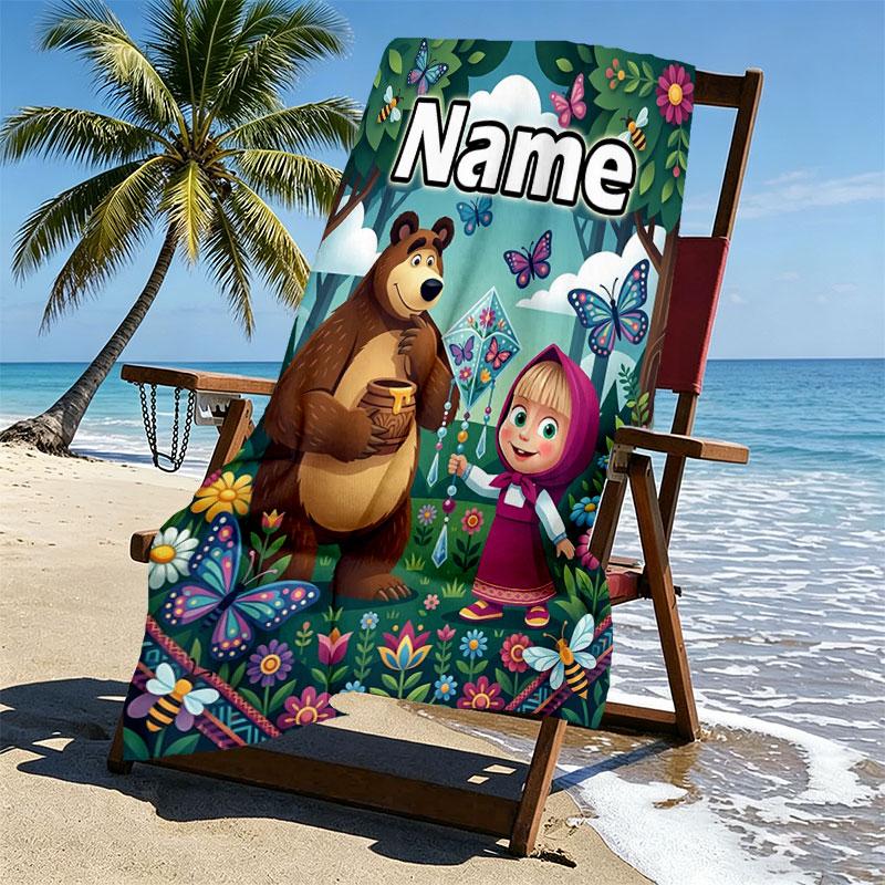 Custom Name Personalized Masha and the Bear Print Beach Towel, for Trip Camping Beach Party Home Decor, Birthday Gift for Family & Friends
