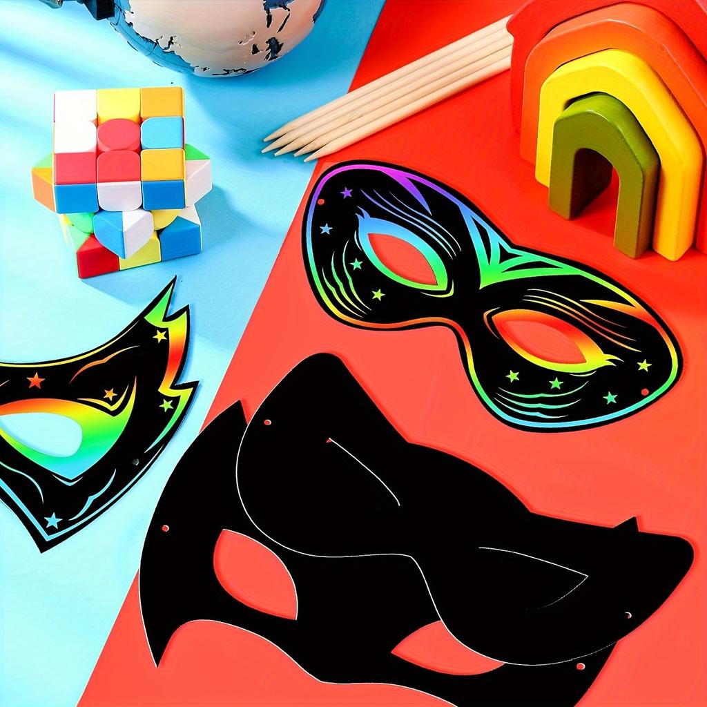 Vintage Halloween Mask Decor DIY Rainbow Scratch Paper Mask Photo Props for Cosplay Halloween Trick or Treat Birthday Party