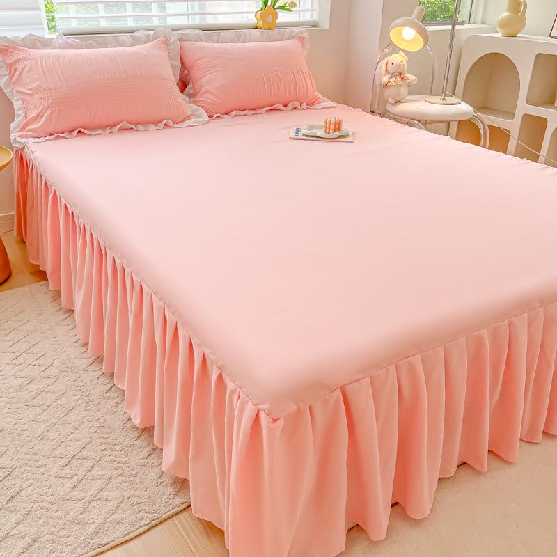 Princess Style Pure Cotton Lace Bed Skirt Set - 3 Piece Non-Slip Washed Cotton for All Seasons