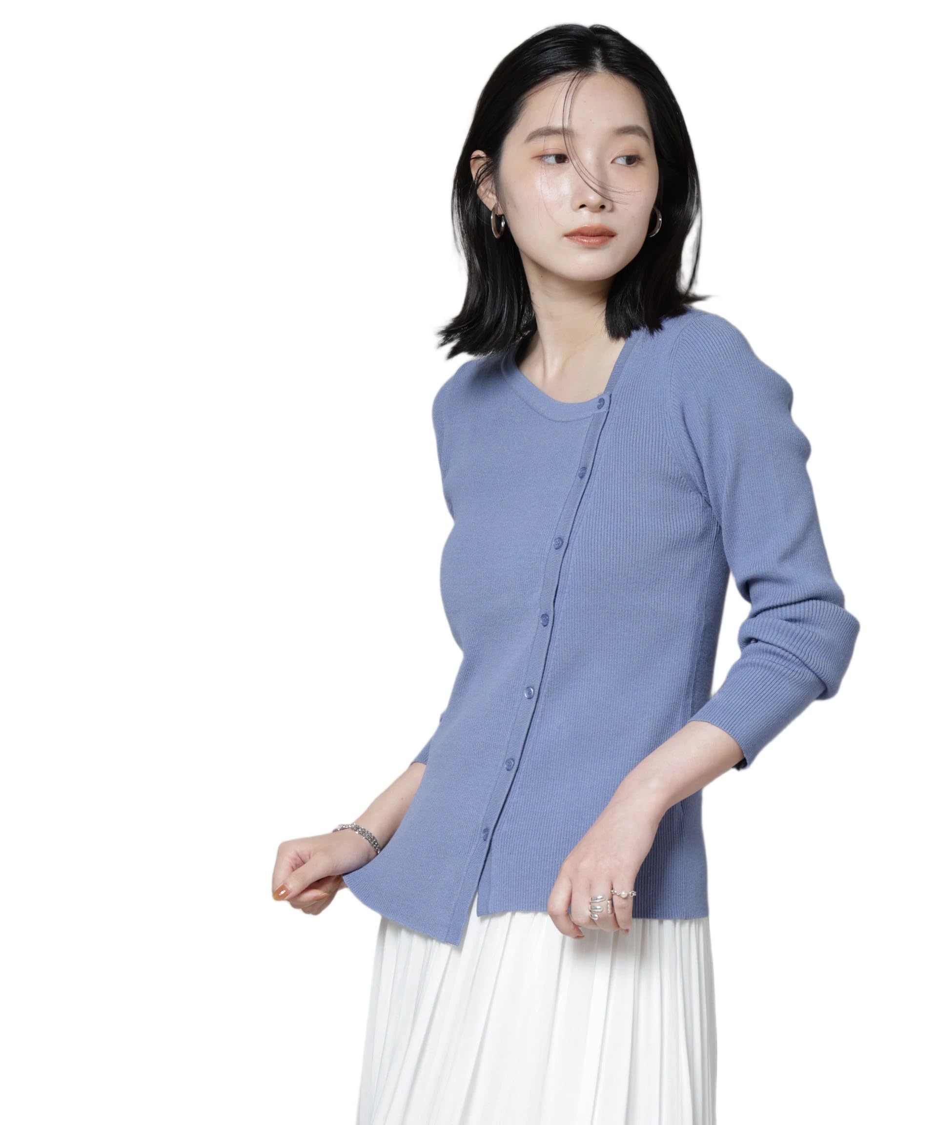 

Nano Universe Women s Asymmetric Neck Rib Knit Top, Size F (110), Blue, 673-5222320
